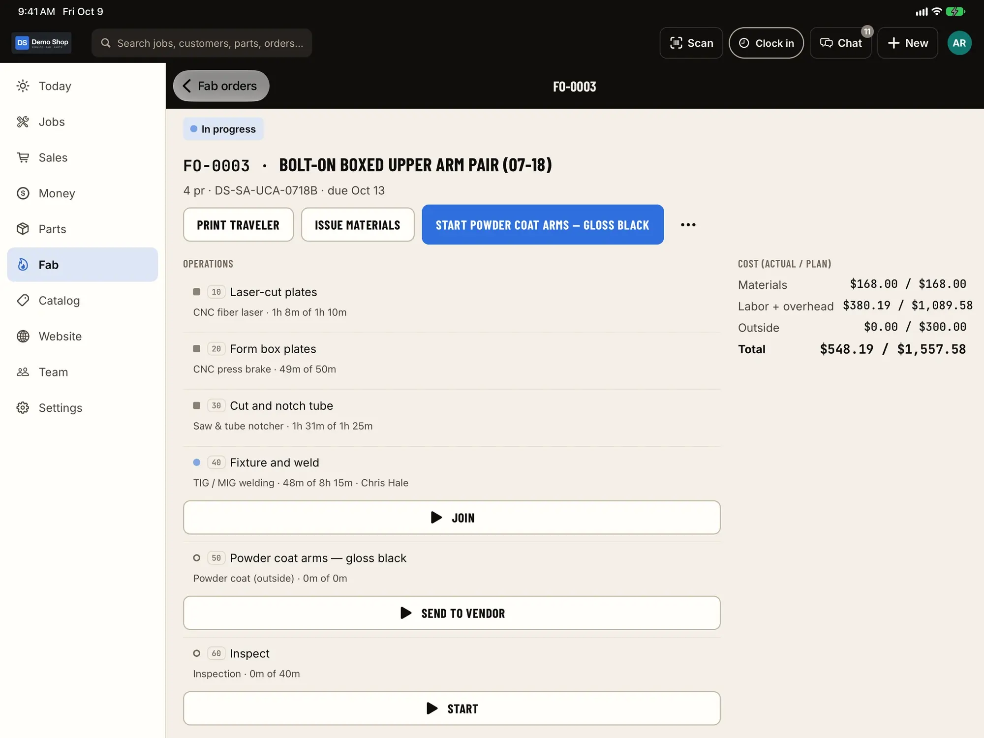 Fab order on iPad: Operations with live labor and actual vs planned cost on the shop iPad.