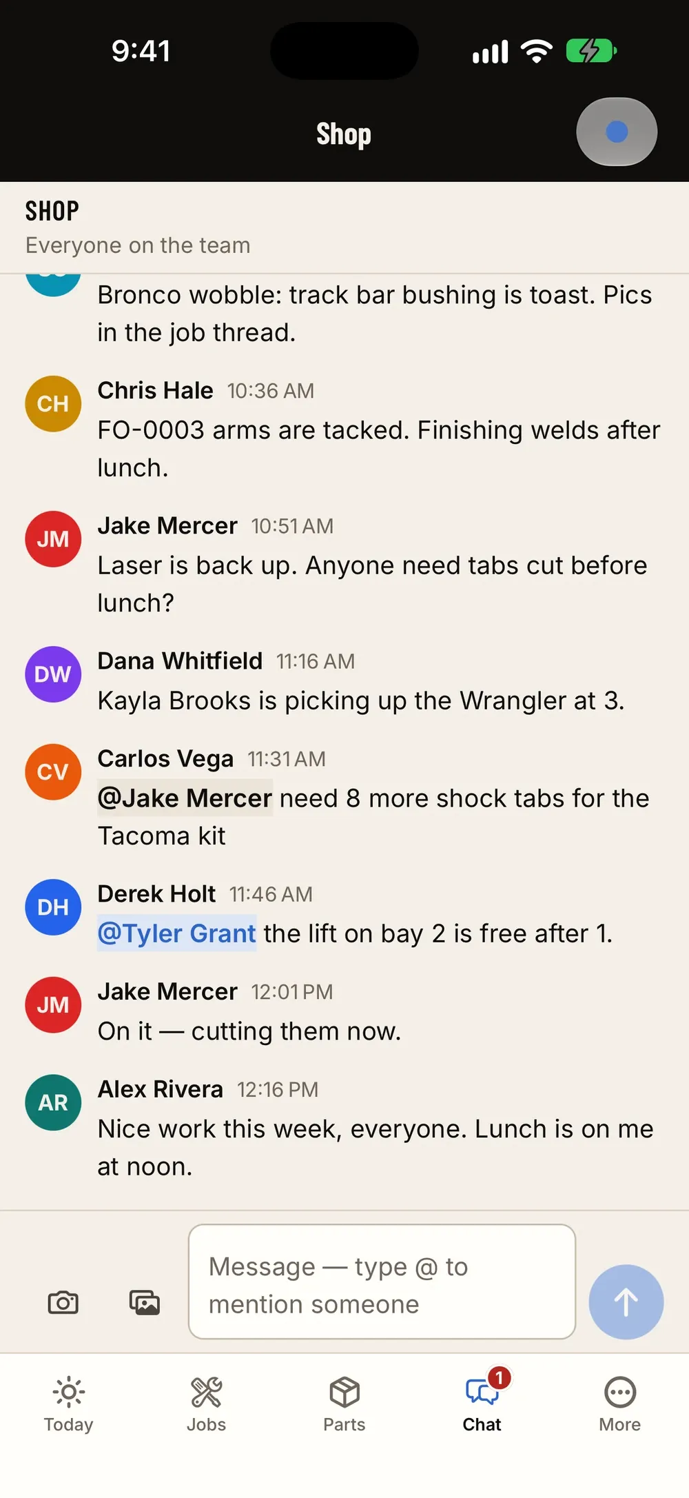 Shop chat: The team channel on the phone with @mentions.
