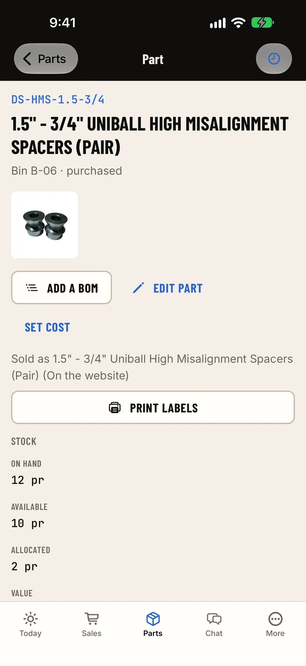 Scanned part: Scan a part label (or type a code) and land on the part: stock, bin and labels.