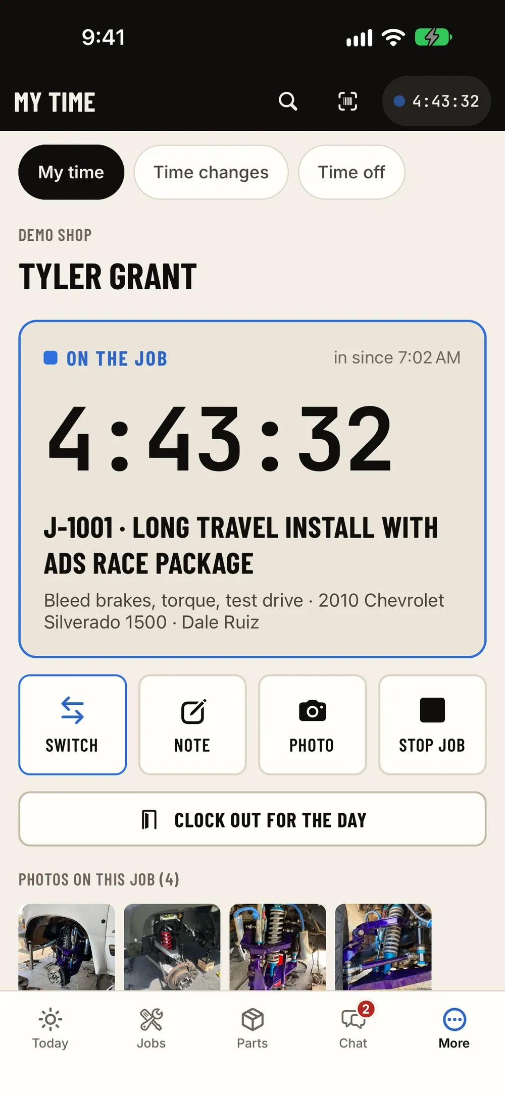 Time clock: A tech's live job timer with switch, note, photo and clock-out.