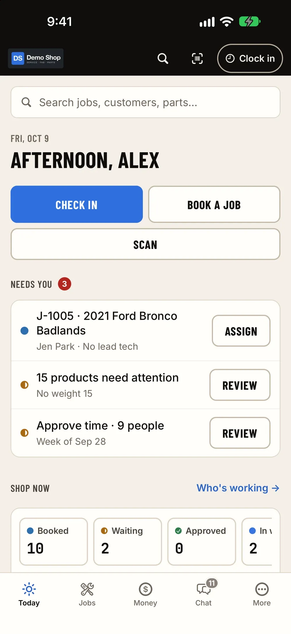 Today on iPhone: The same Today on the phone: check in, book a job, scan, and what needs you.
