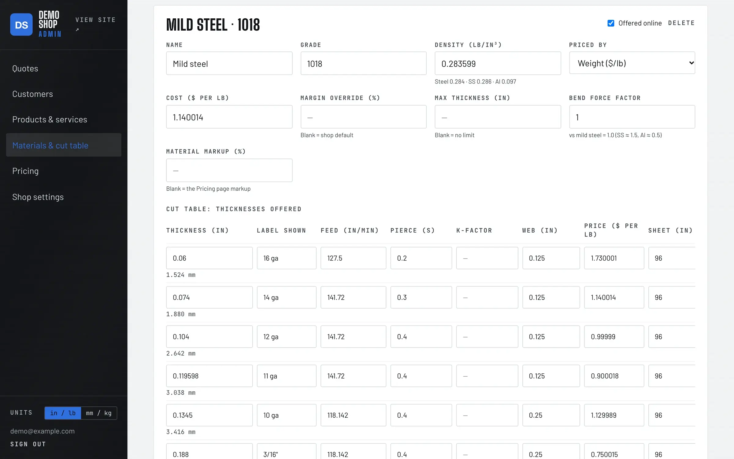 Rate tables: The shop sets cost, density, feed, pierce time and price per material and thickness.