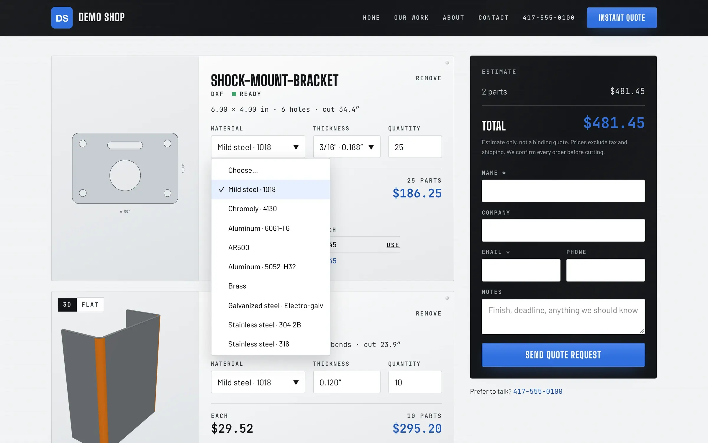 Material picker: Pick material and thickness from the shop's own cut table.