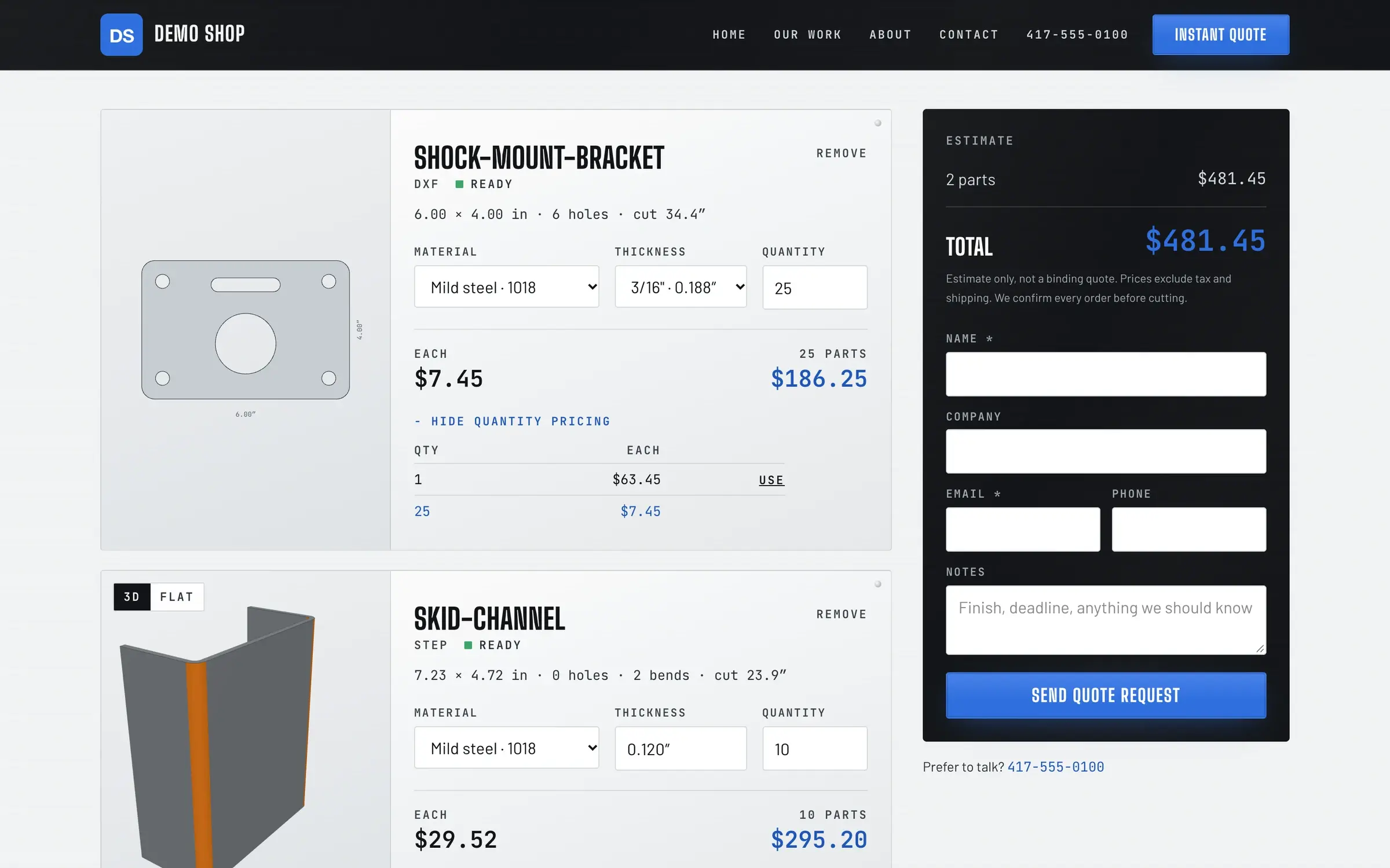 Quote result: Each part previewed flat or in 3D with size, holes, bends, cut length and quantity pricing.