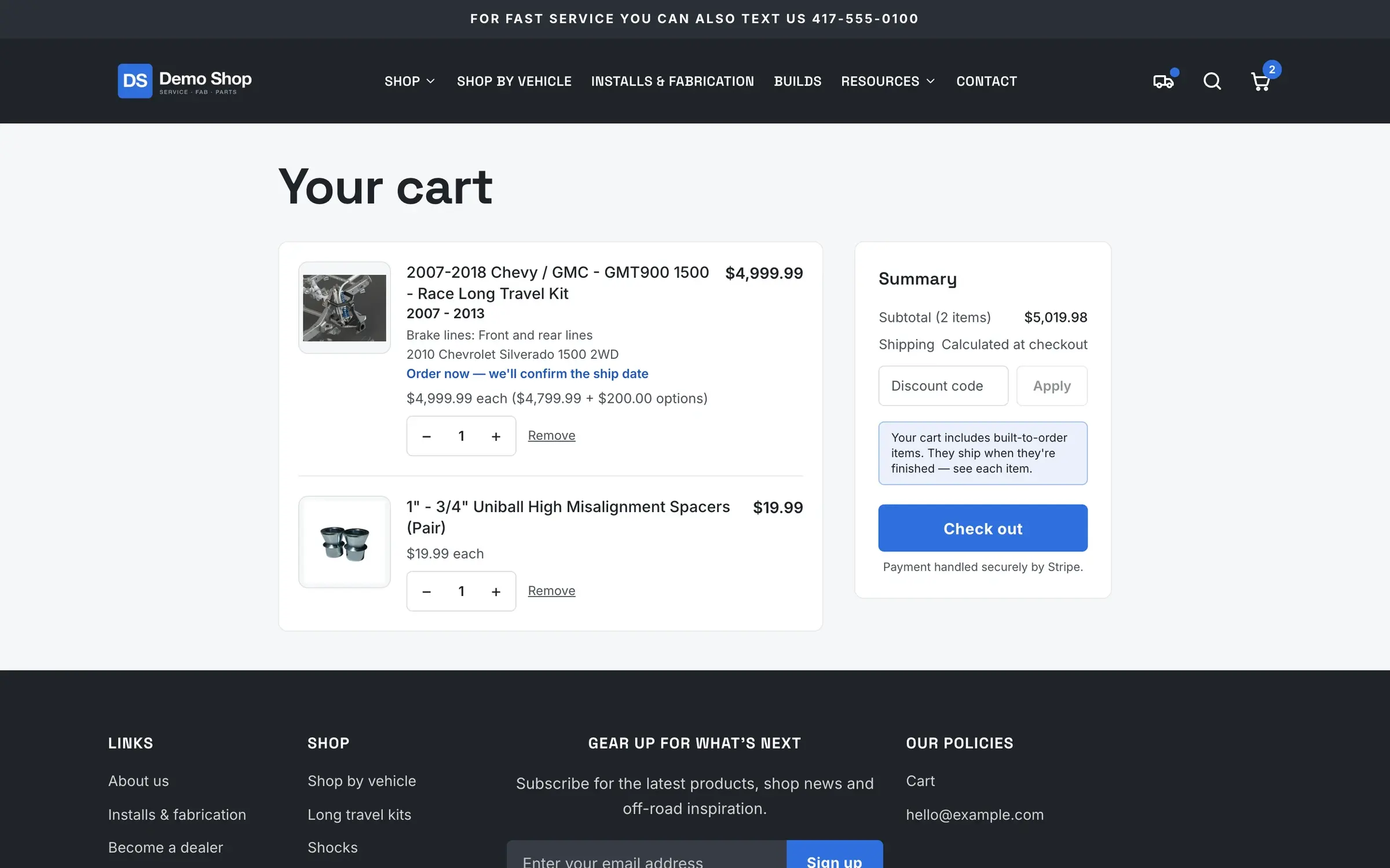 Cart: Configured kits with options and vehicle, discount codes and Stripe checkout.