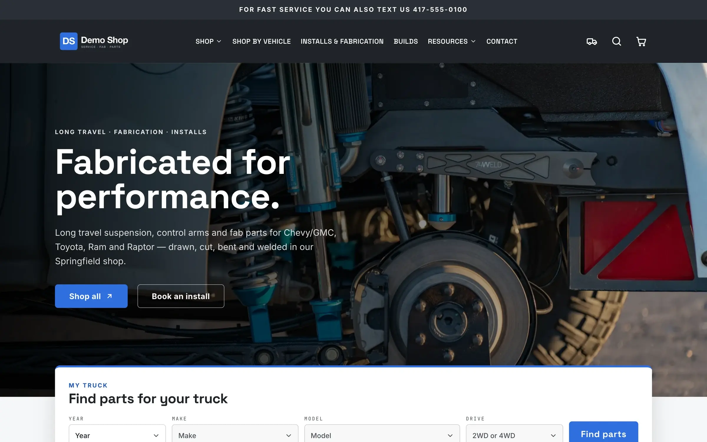 Storefront home: The shop's own website in the default theme: hero, truck finder and featured products.