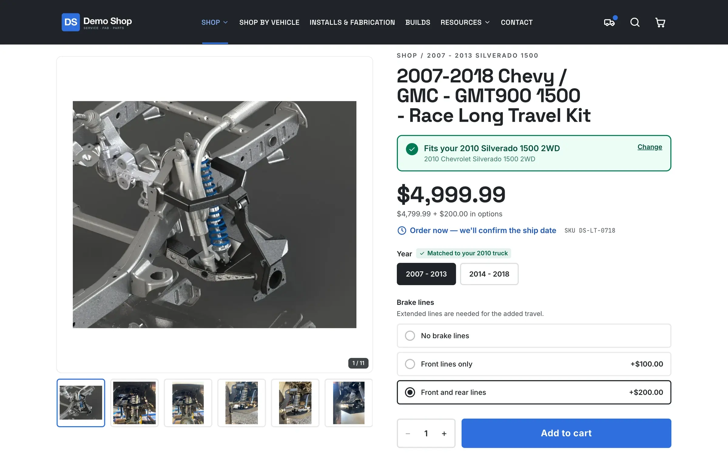 Product page: Fitment check for the shopper's truck, add-on options, lead time and the buy box.