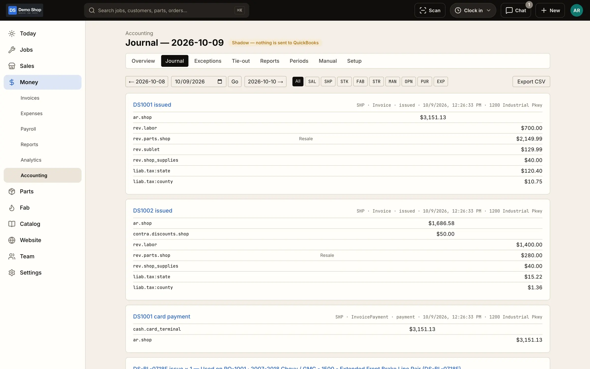 Accounting journal: The day's journal entries per invoice and payment, mapped for QuickBooks.