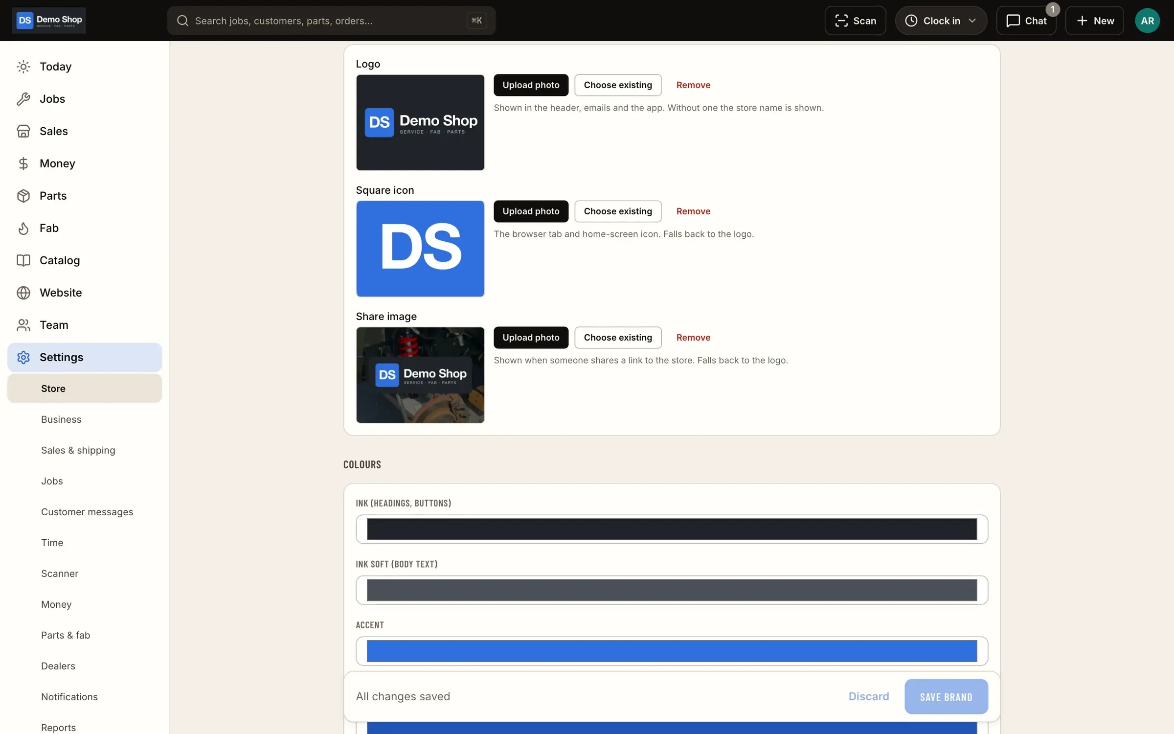 Brand settings: Your logo, icon, share image and colours drive the website, emails, PDFs, the admin and the app; type and theme are settings too.