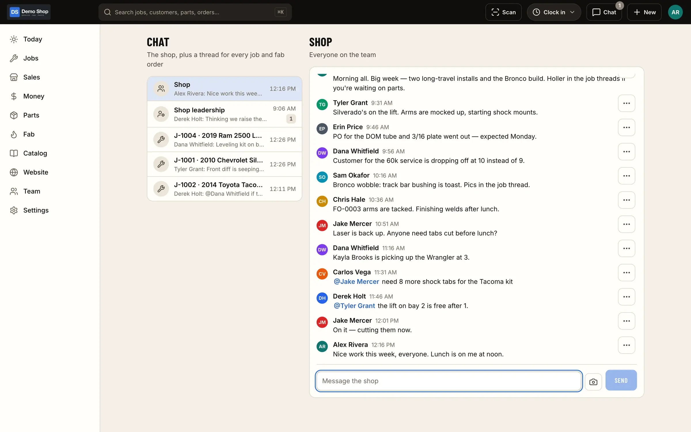 Team chat: The shop channel plus a thread for every job, with @mentions and photos.