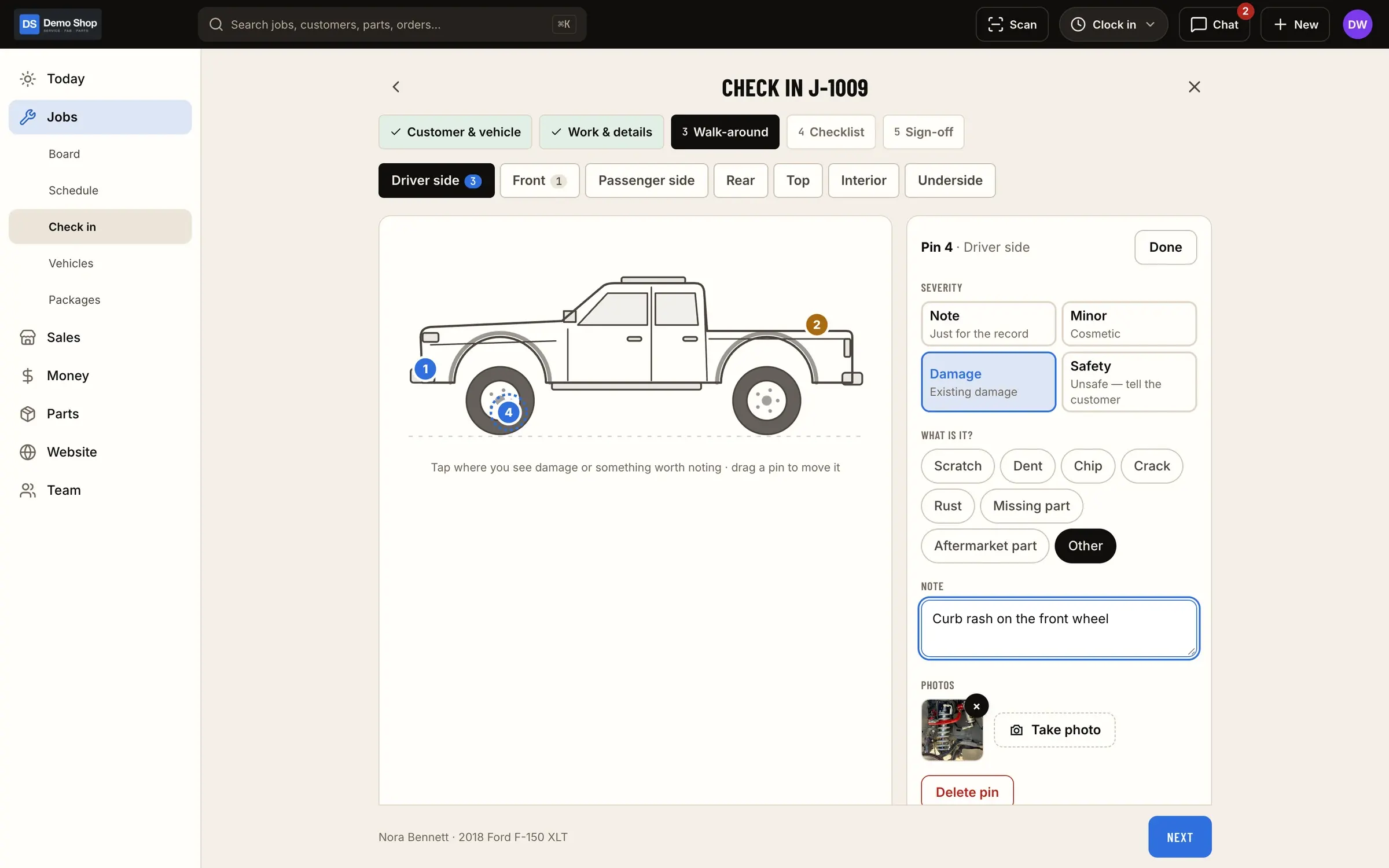 Vehicle check-in: Walk-around check-in: tap the truck to pin damage, add photos, then checklist and sign-off.