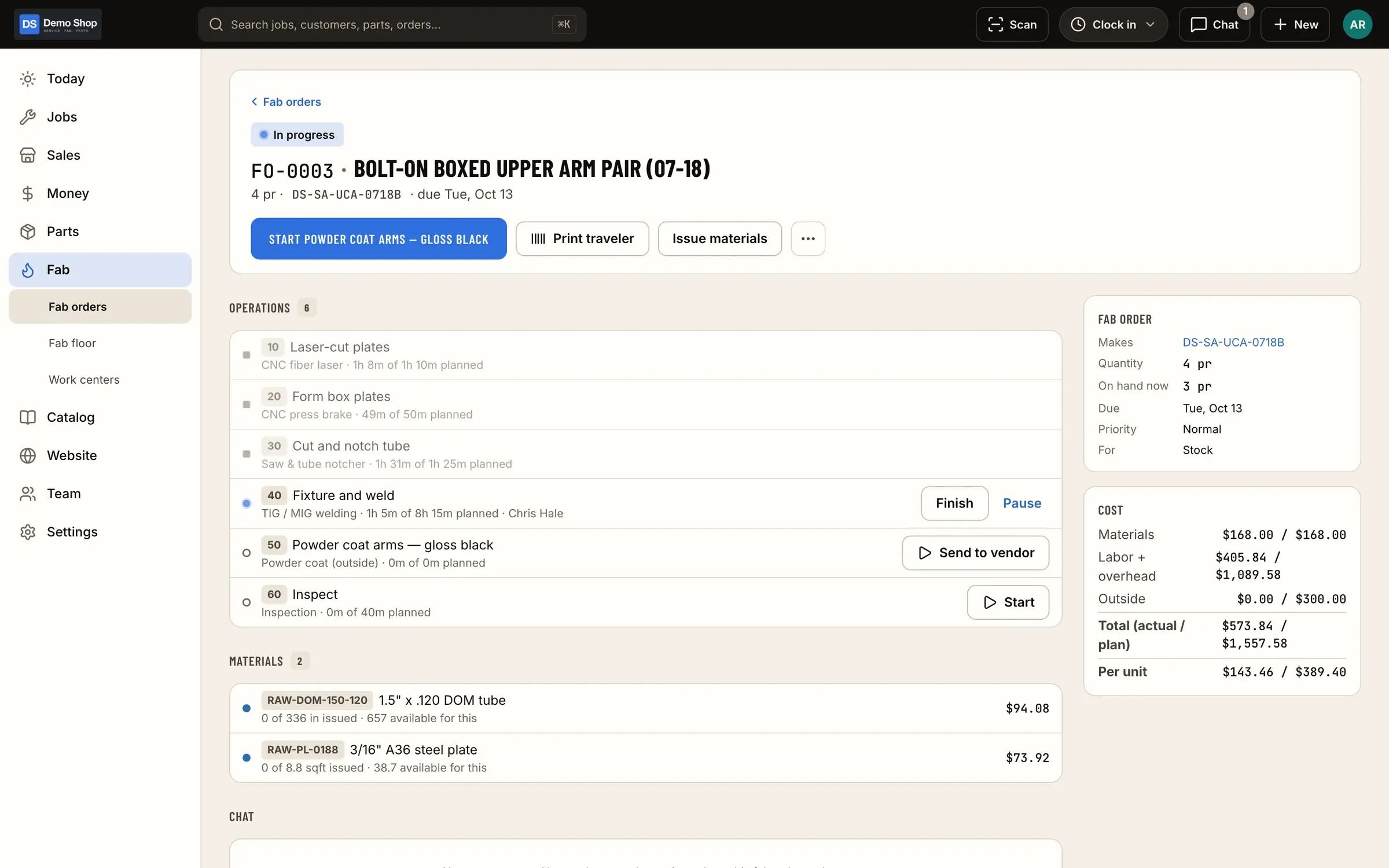 Fab order: A fab order with its operations, live labor, materials issued and actual vs planned cost.