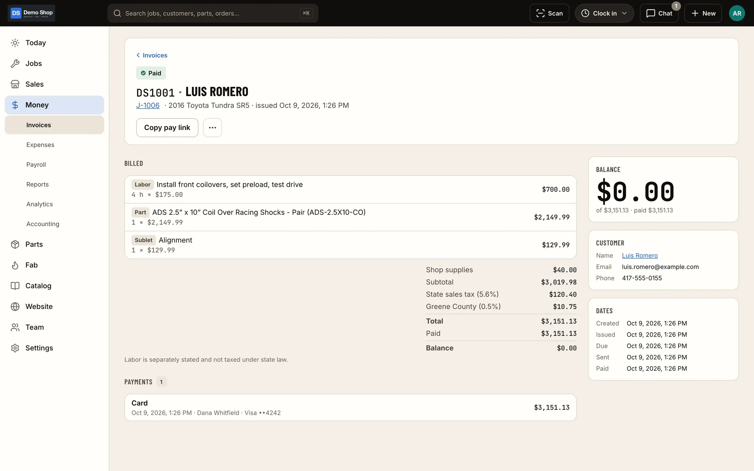 Invoice: A paid job invoice with labor, parts, sublet, shop supplies, tax lines and the card payment.