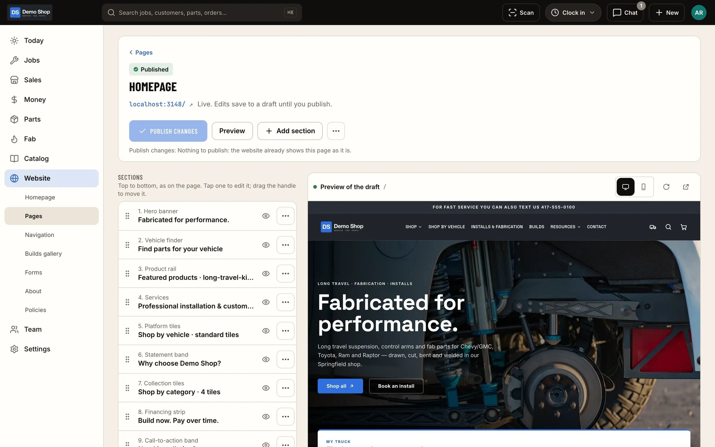 Page builder: Build website pages from sections with a live preview, and publish when ready.