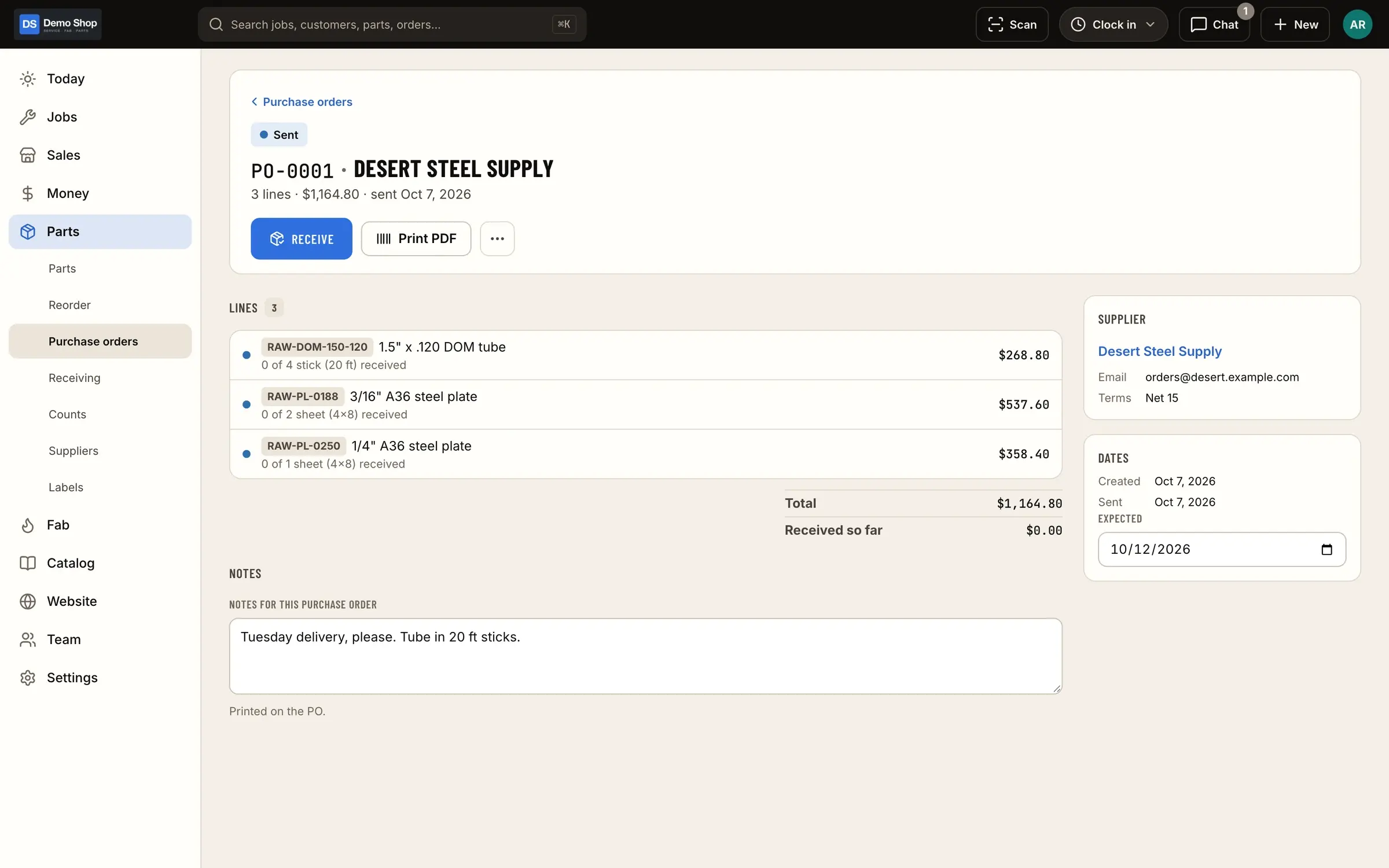 Purchase order: A sent PO with lines, totals and receiving, ready to check in as it arrives.