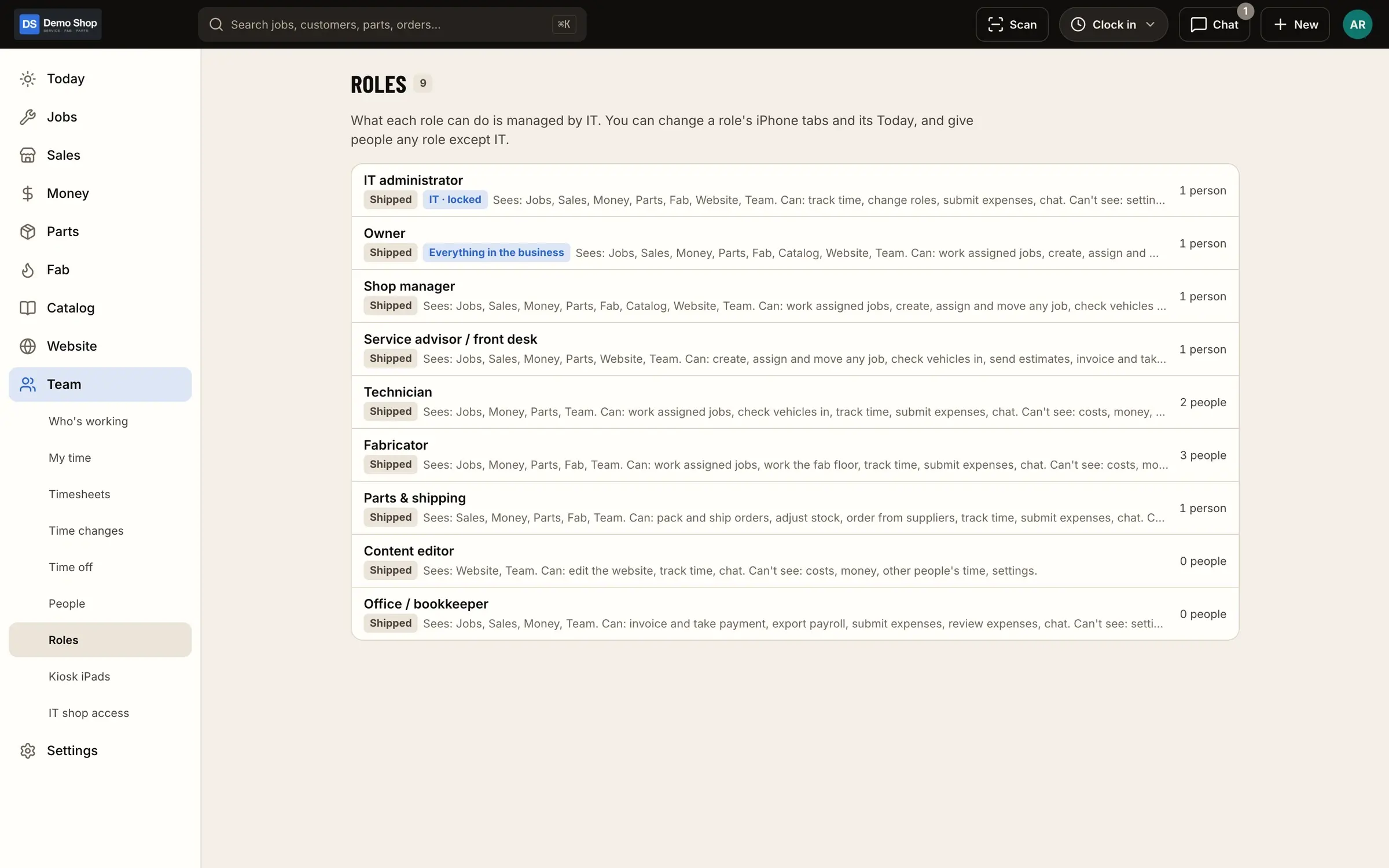 Roles & permissions: Editable roles that decide what each person can see and do.