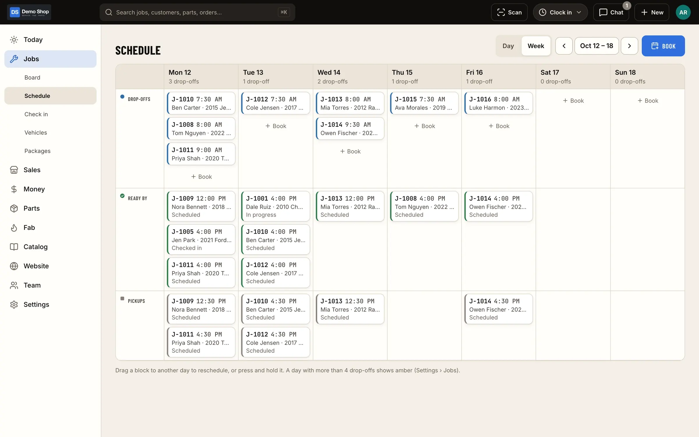 Schedule: The week's drop-offs, ready-by times and pickups, with daily capacity.