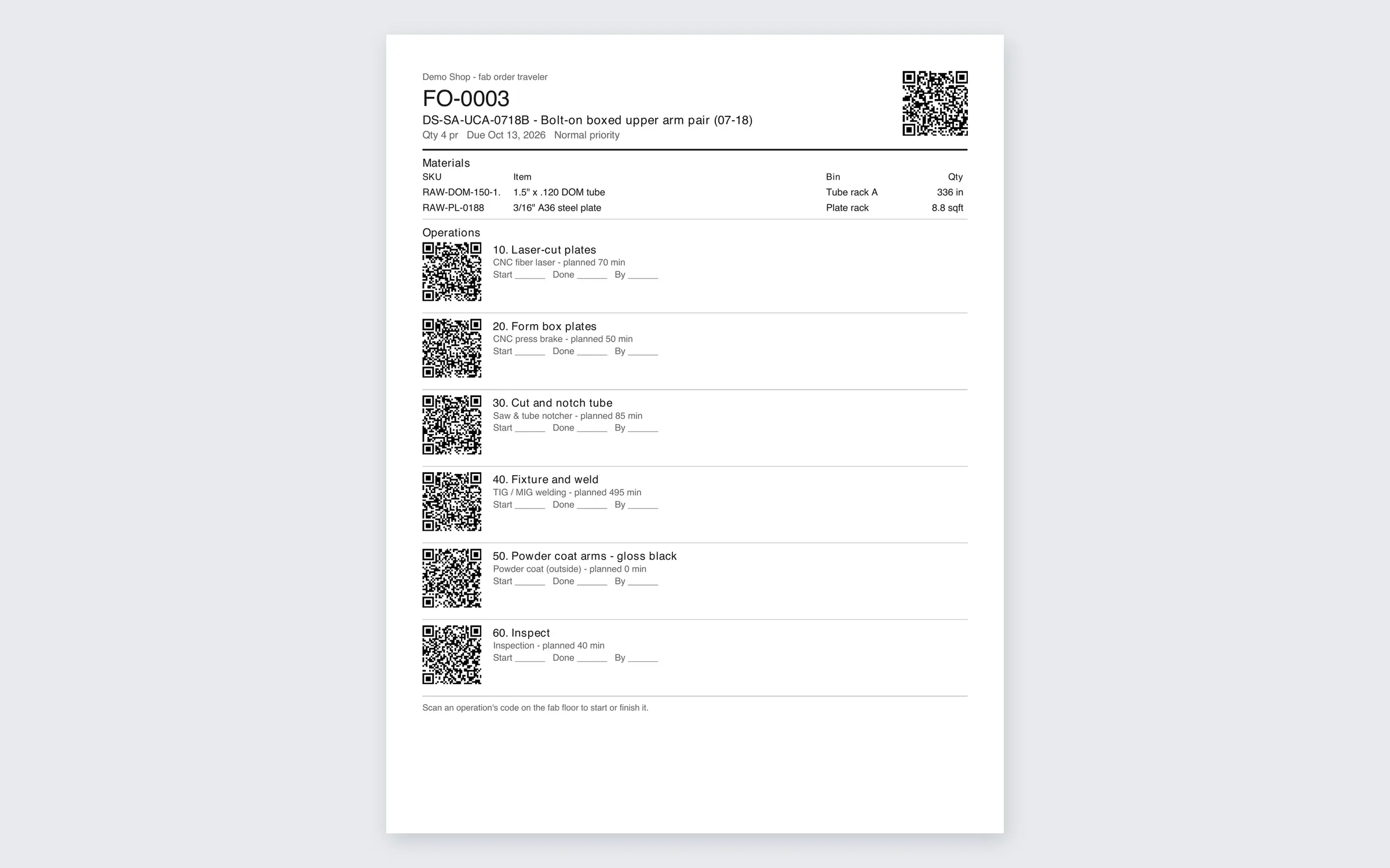Shop traveler: The printable traveler: materials, bins and a QR code per operation to start and finish work on the floor.